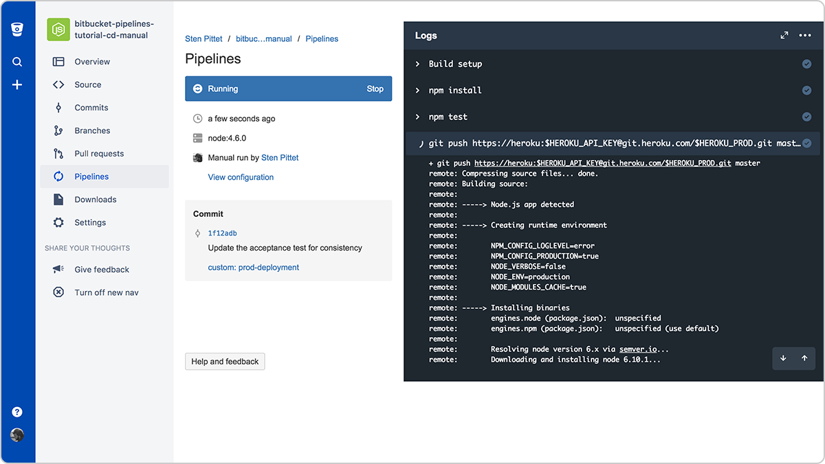 Pipeline für das Deployment in der Produktion in Bitbucket