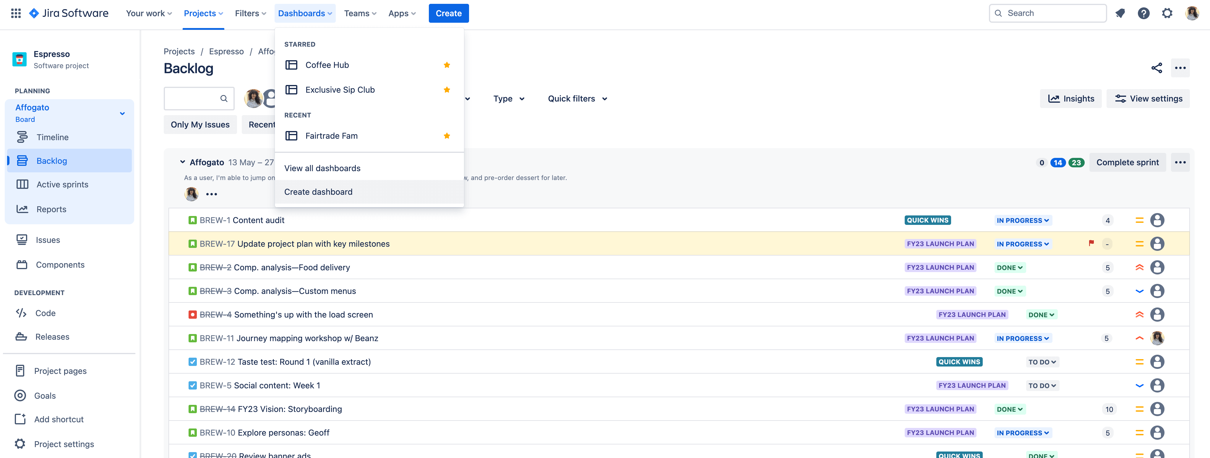 Jira 내의 대시보드