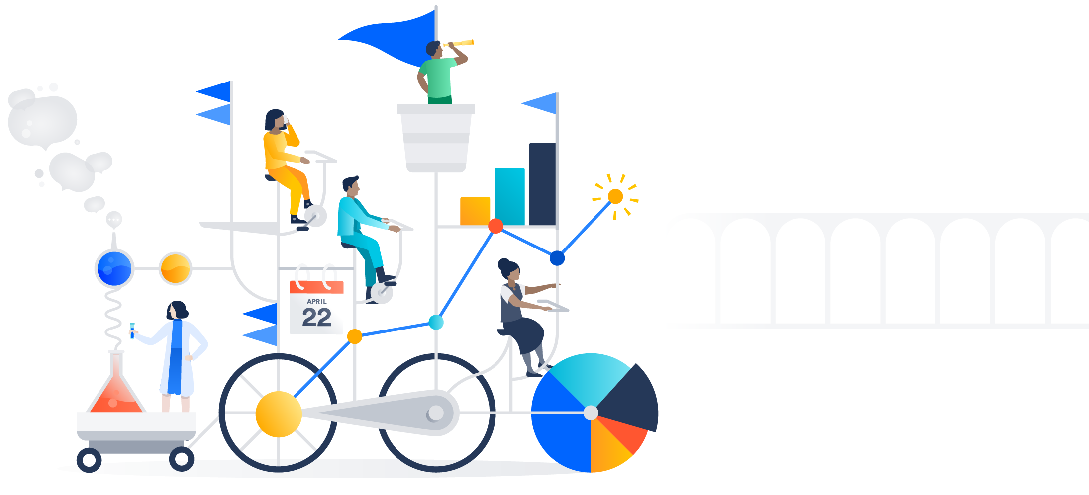 Illustration of multiple people on an intricate bike