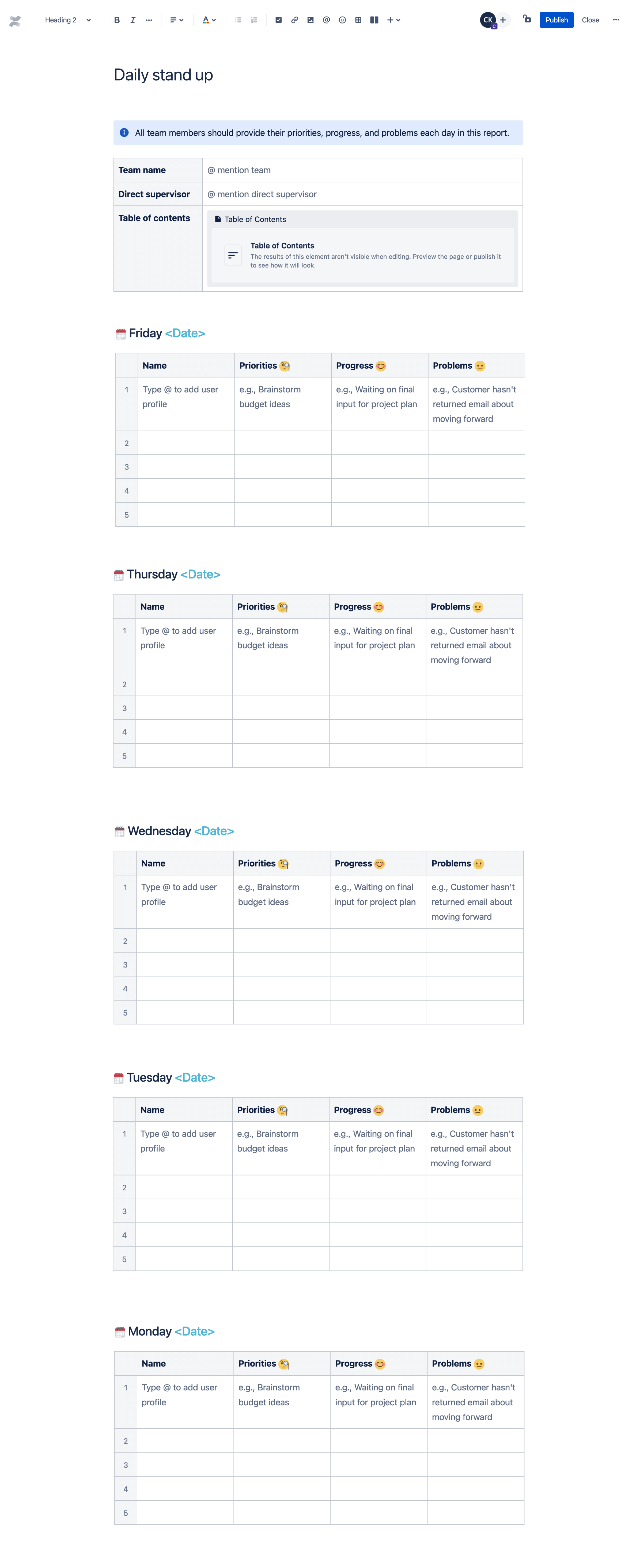 Daily stand up template Atlassian