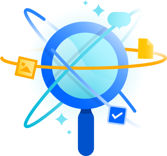 Magnifying glass with different sorts of assets circling it