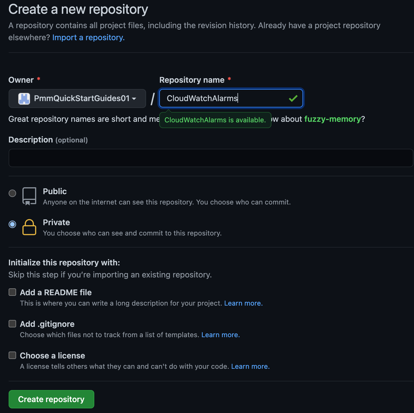 captura de tela da criação de repositório de alarmes no github