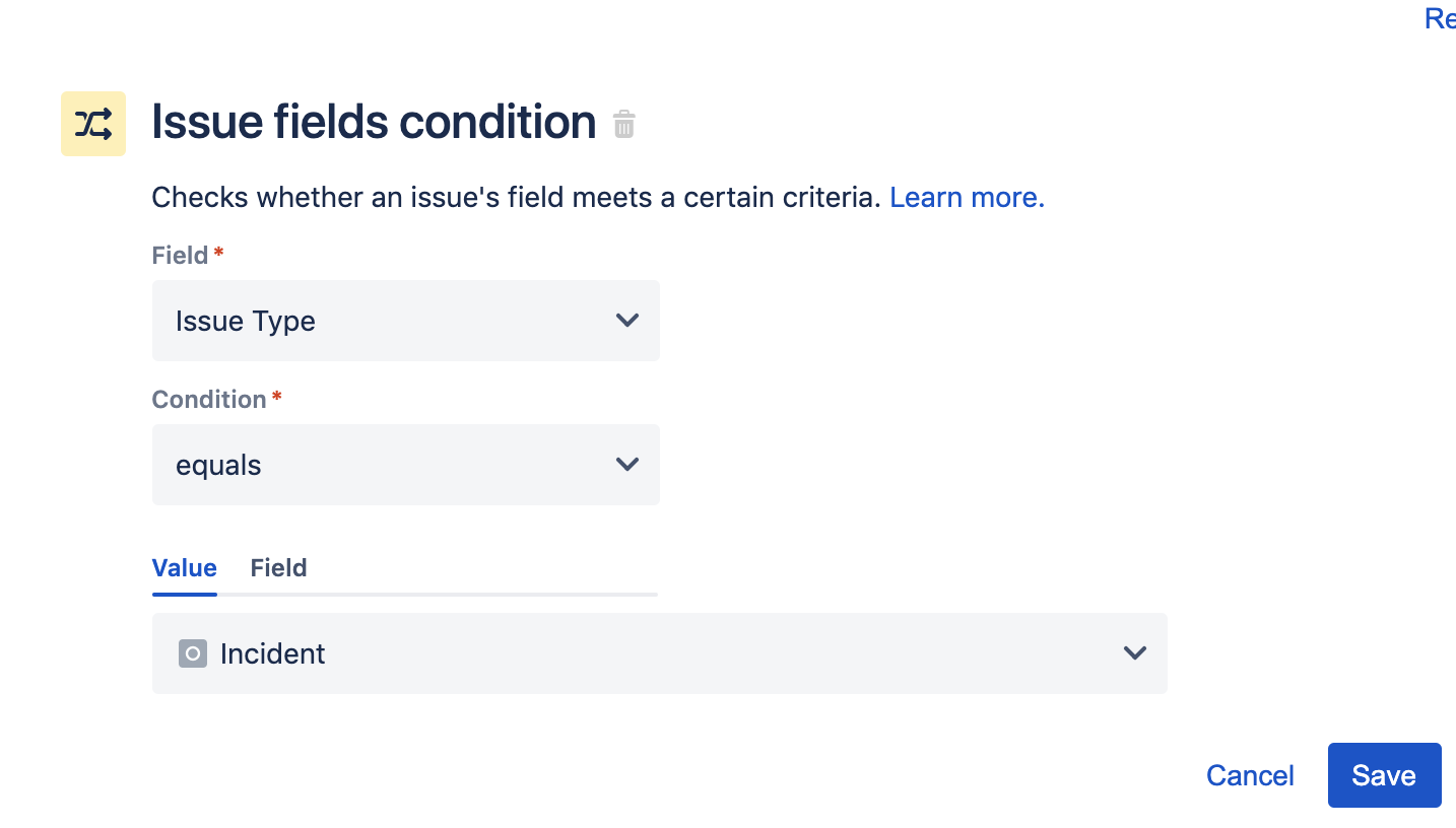 Utilisez la condition <strong>Issue fields</strong> <strong>condition</strong> (Champs de ticket) pour vérifier si le type de ticket est <strong>Incident</strong> et agir en conséquence. Configurez la condition <strong>Issue fields condition</strong> (Champs de ticket) de sorte que le champ <strong>Issue Type</strong> (Type de ticket) soit <strong>égal</strong> à <strong>Incident</strong>. Cliquez sur <strong>Save</strong> (Enregistrer) pour continuer.