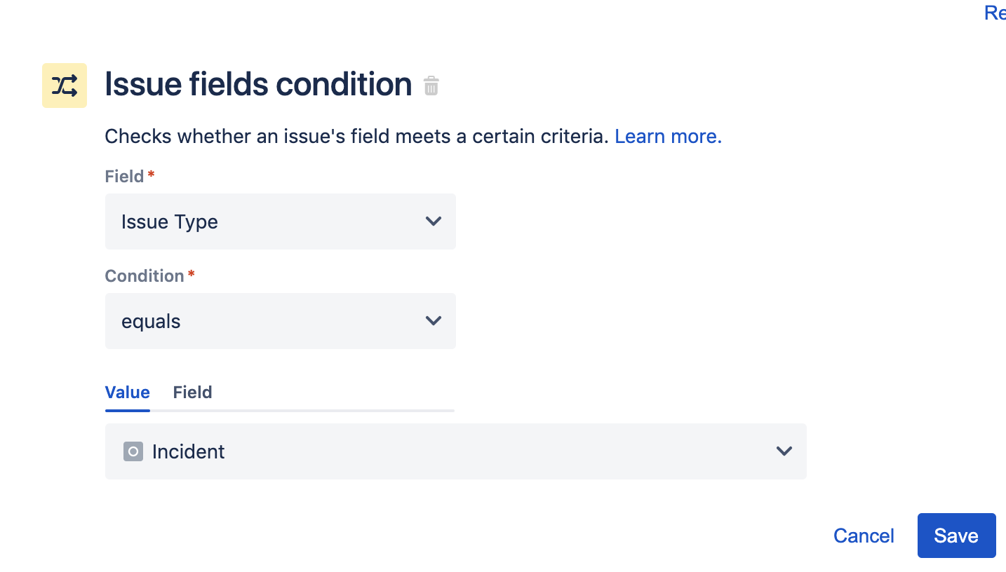 Verwende die Bedingung "Issue fields" (Vorgangsfelder), um zu überprüfen, ob es sich beim Vorgangstyp um einen "Incident" (Vorfall) handelt. Ergreife entsprechende Maßnahmen. Konfiguriere die Bedingung "Issue fields" (Vorgangsfelder) so, dass der Wert im Feld "Issue Type" (Vorgangstyp) dem Wert "Incident" (Vorfall) entspricht. Klicke auf "Save" (Speichern), um fortzufahren.