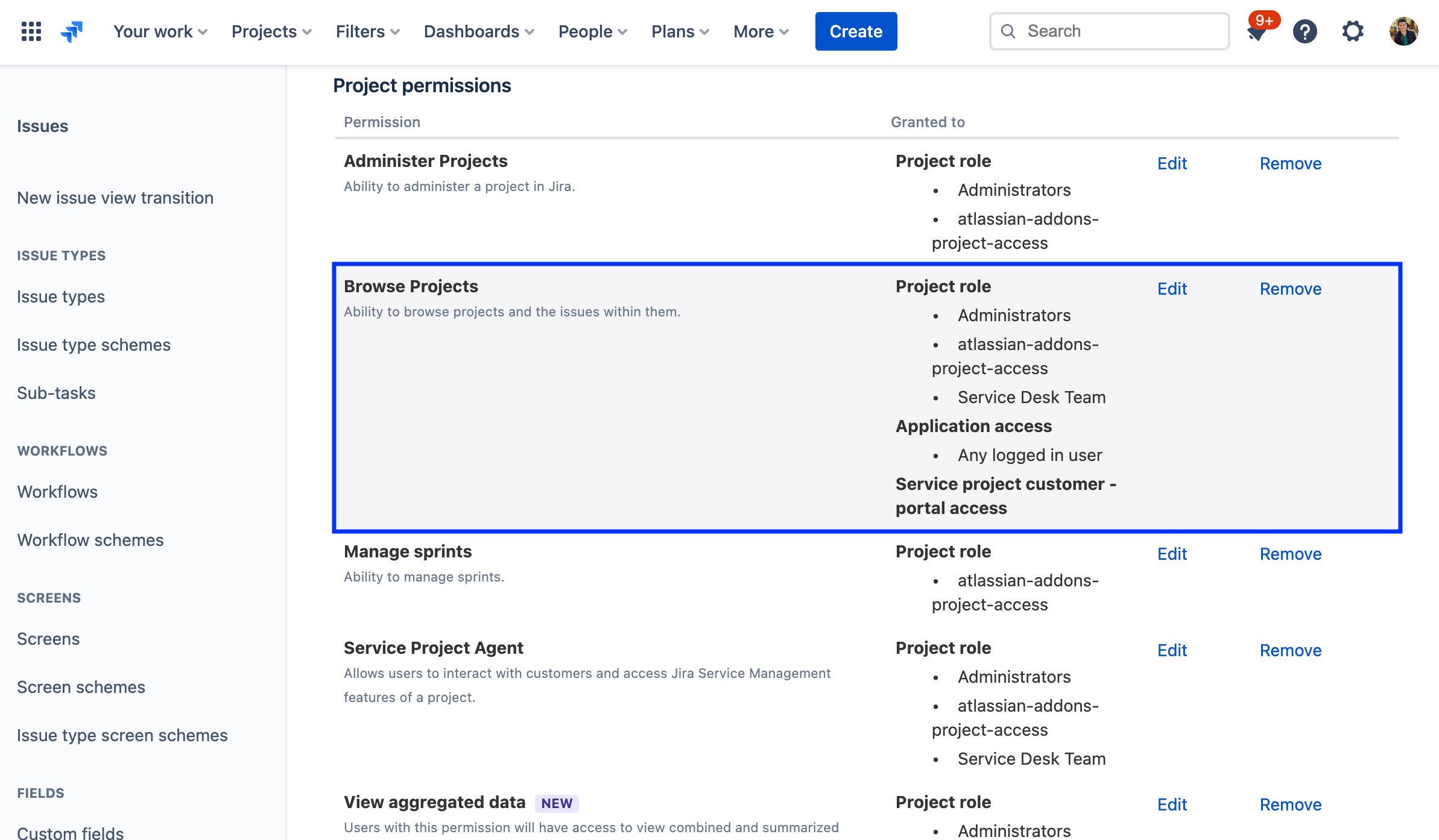 [プロジェクト権限] と [プロジェクトを参照] では、Jira Software のユーザーに表示権限を付与できます。