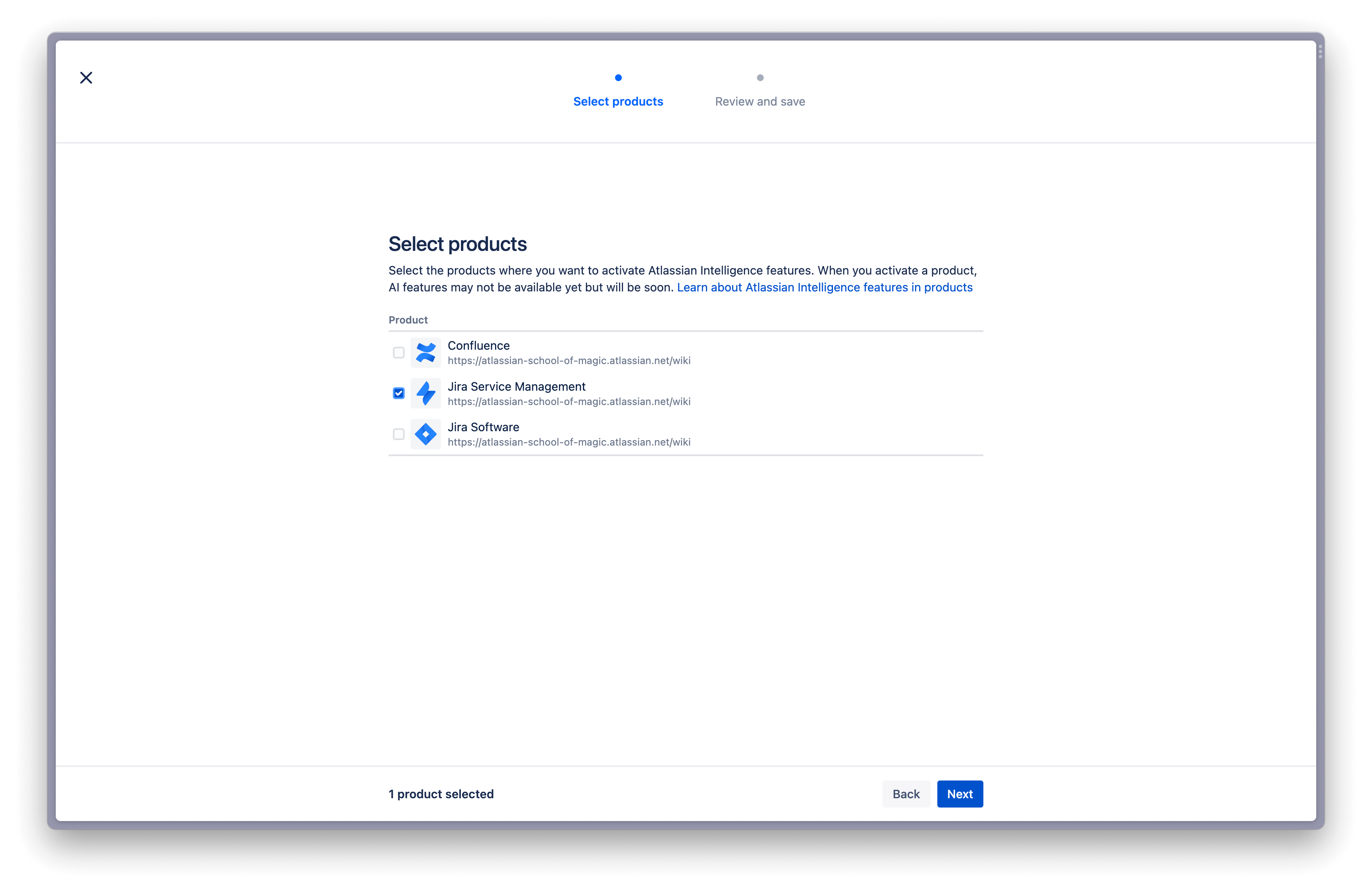 Product selection screen to activate Atlassian Intelligence