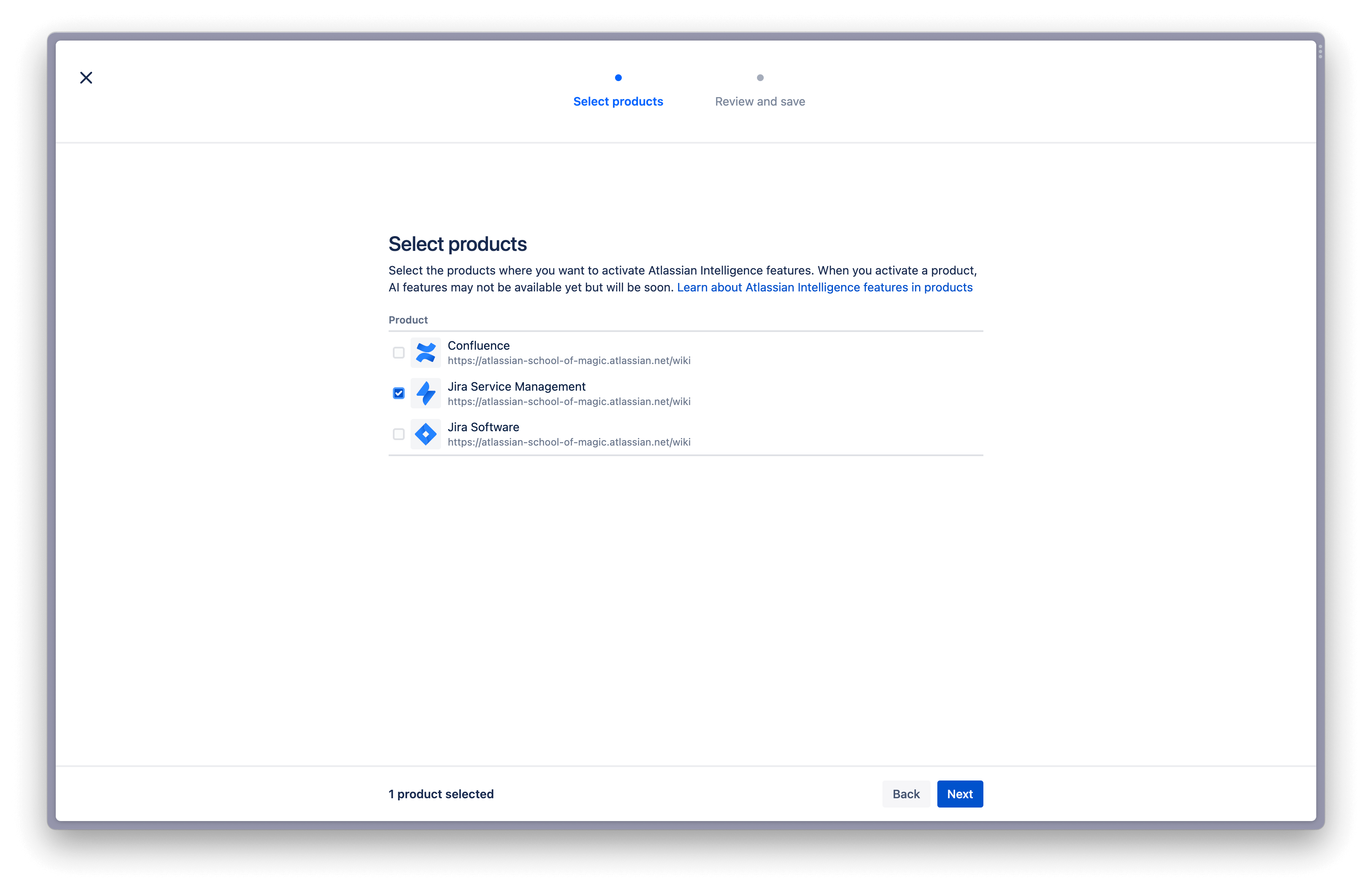 Экран выбора продукта для активации Atlassian Intelligence