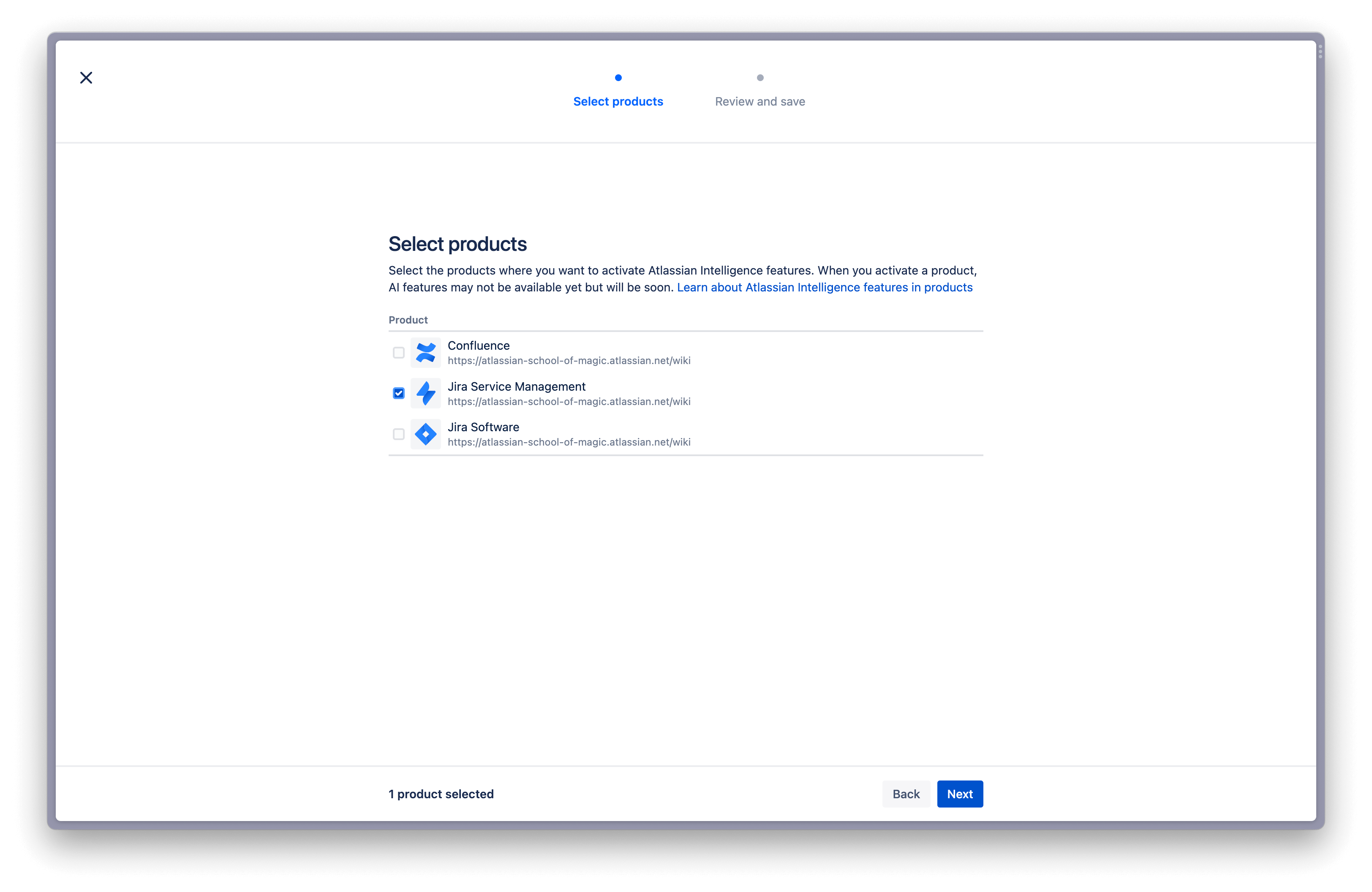 Produktauswahlbildschirm zur Aktivierung von Atlassian Intelligence
