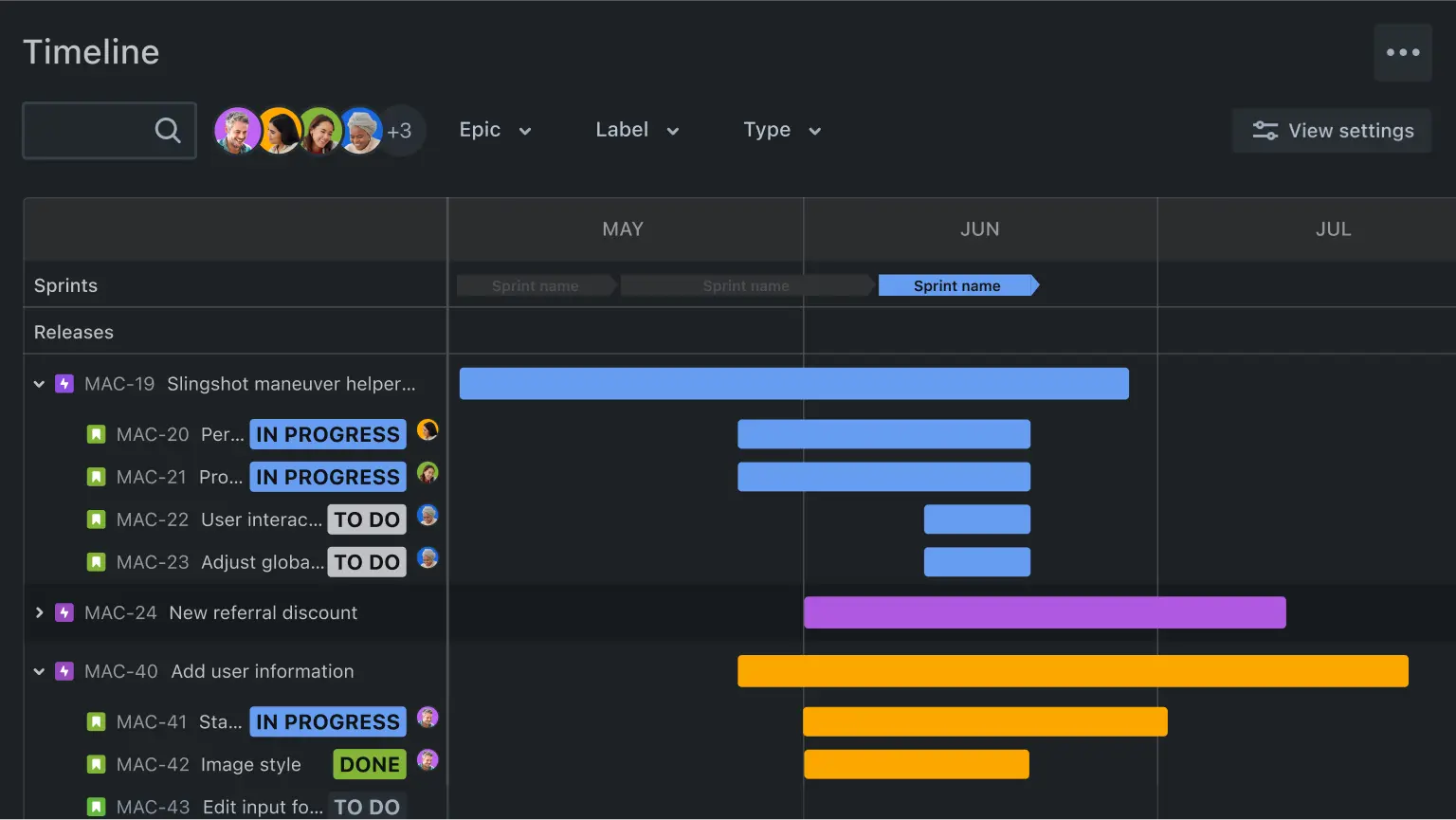 Visualizzazione timeline nella modalità scura in Jira