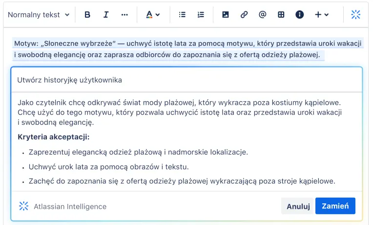 Atlassian Intelligence w Jirze pozwala wygenerować historyjkę użytkownika za pomocą prostego polecenia