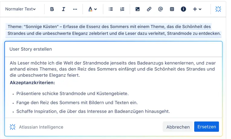 Atlassian Intelligence in Jira hilft einem Benutzer, mit einem einfachen Prompt eine User Story zu generieren