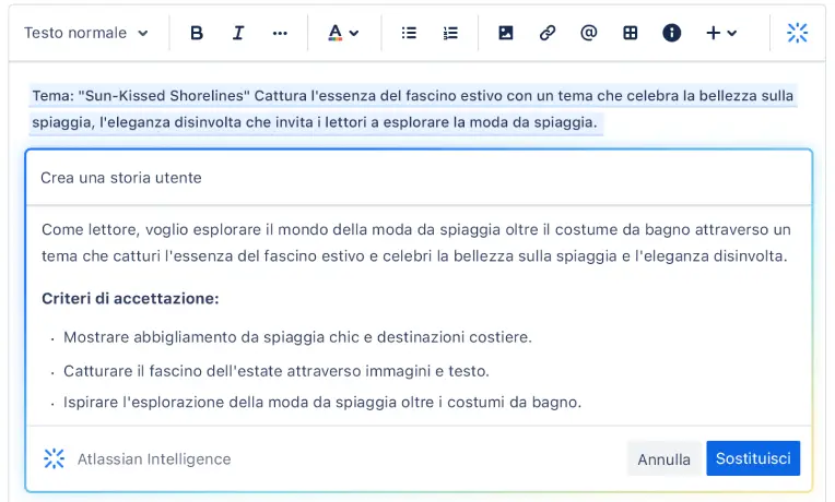 Atlassian Intelligence in Jira aiuta un utente a generare una storia utente partendo da un semplice prompt