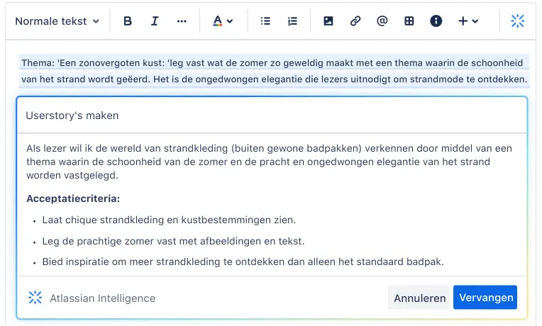 Met Atlassian Intelligence in Jira kan een gebruiker een userstory genereren op basis van een eenvoudige prompt