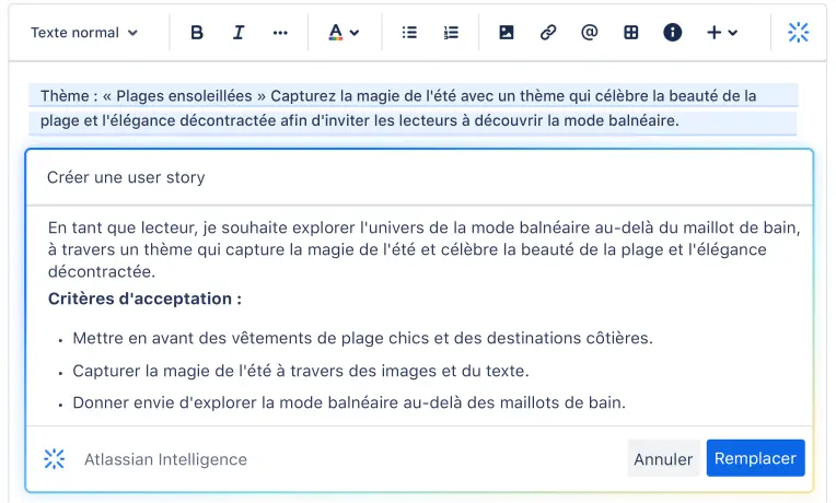 Atlassian Intelligence dans Jira aidant un utilisateur à créer une user story à partir d'une simple invite