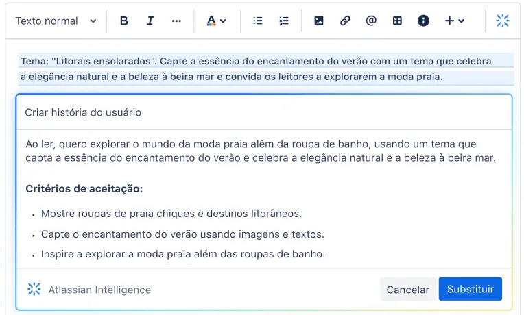 Atlassian Intelligence no Jira ajudando um usuário a gerar uma história do usuário a partir de um prompt simples