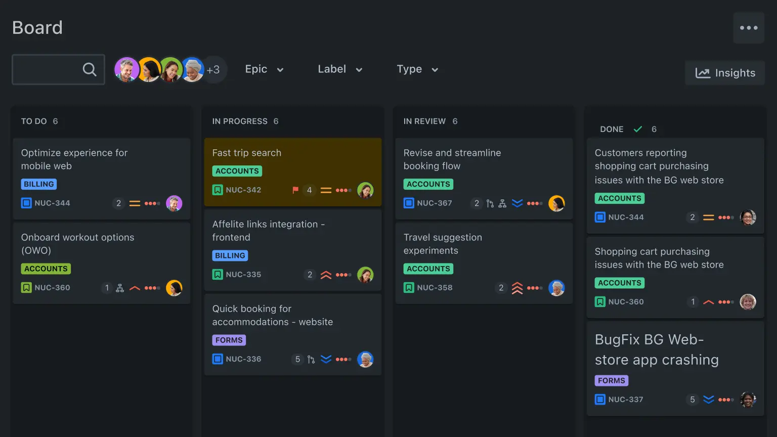Board view in Jira showing tasks in to do, in progress, in review, and Done