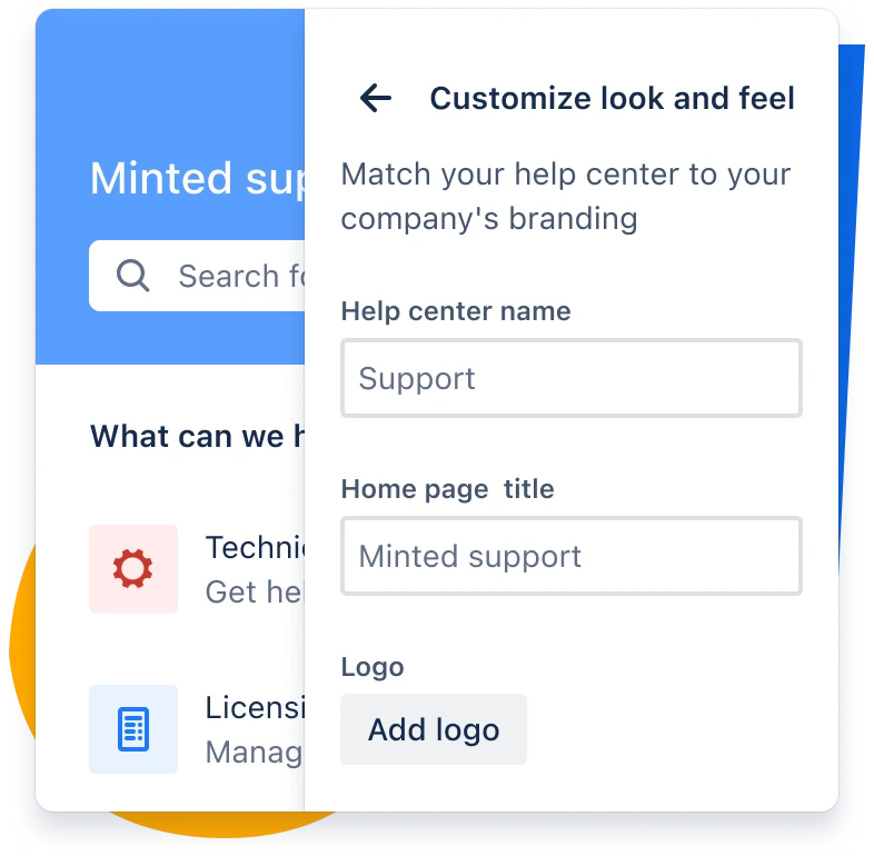 自定义 Jira Service Management 帮助中心的外观和风格选项，其中包括名称、横幅和徽标。