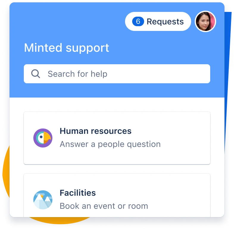 Jira Service Management 帮助中心显示您可以从人力资源、设施、创意、财务、销售和客户服务这 6 个团队获得帮助。