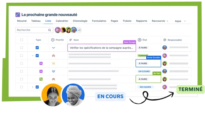 Fonctionnalité de vue Liste dans Jira qui présente une tâche pour l'équipe marketing