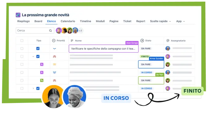 Funzione Visualizzazione elenco in Jira che mostra un task per il team di marketing