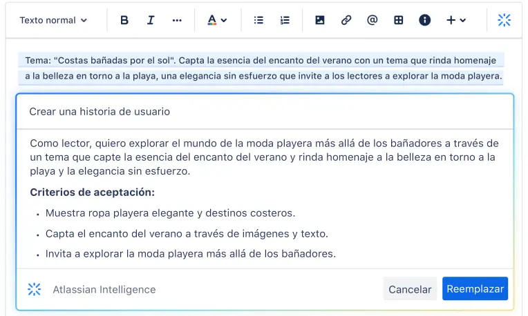 Atlassian Intelligence en Jira ayuda al usuario a generar una historia de usuario a partir de una simple indicación
