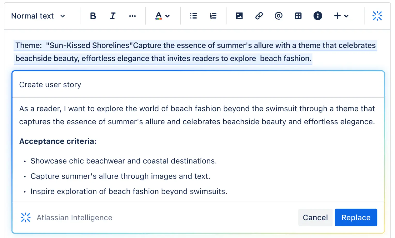 Atlassian Intelligence dans Jira aidant un utilisateur à créer une user story à partir d'une simple invite