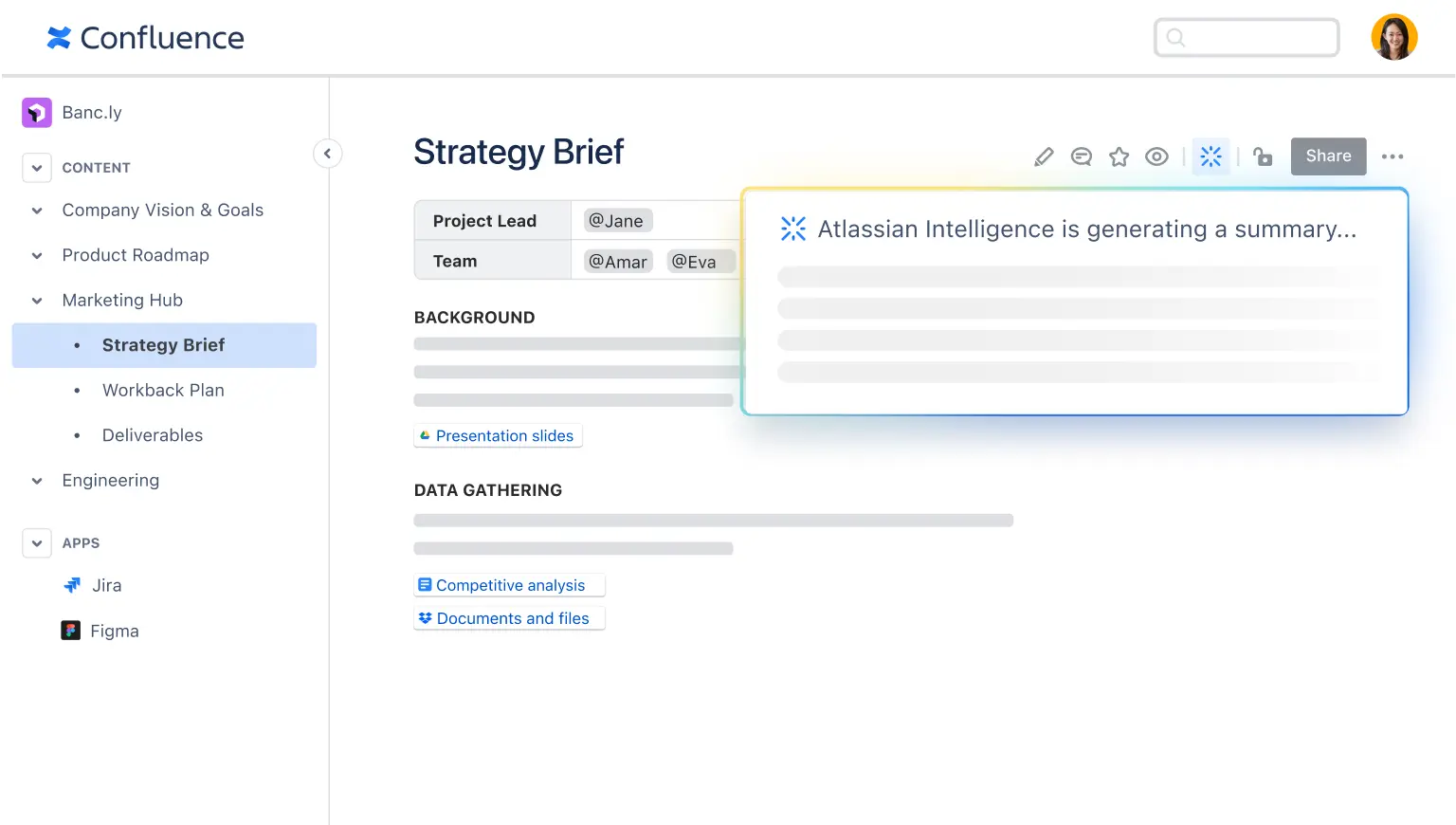 image of Atlassian Intelligence on a confluence page