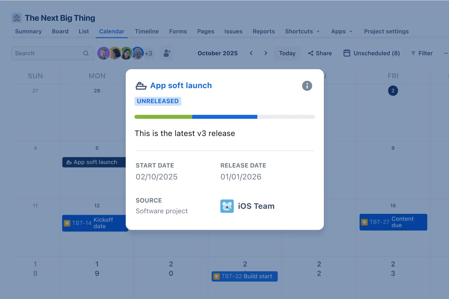 Módulo de fecha de publicación compartida en Jira