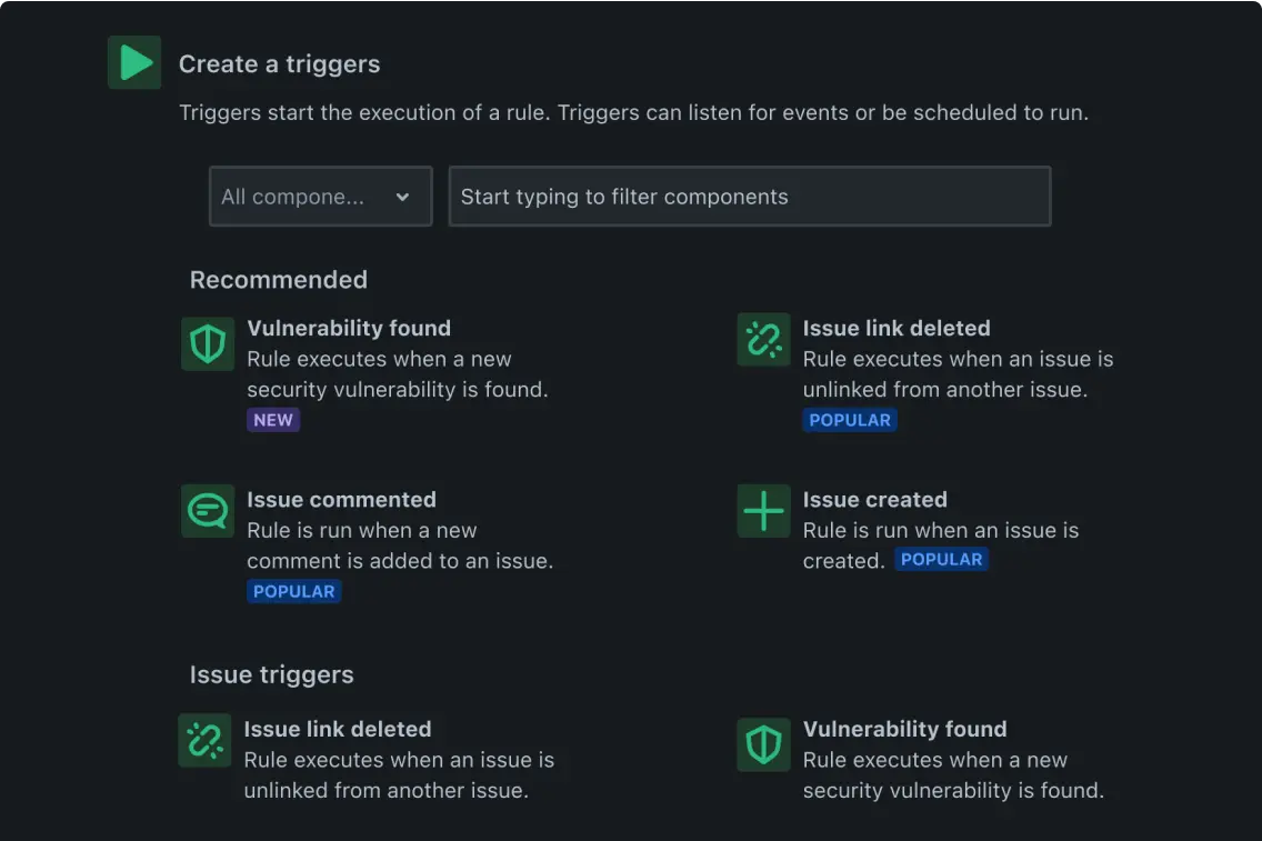 Scherm voor het instellen van triggers van workflow in Jira