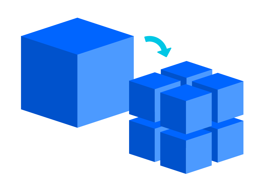 Схема, иллюстрирующая разделение большого куба на несколько кубов меньшего размера.