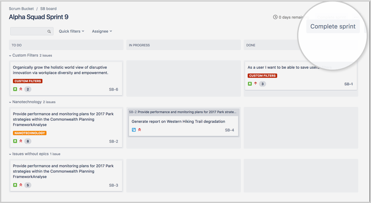 Нажмите кнопку Complete Sprint (Завершить спринт).